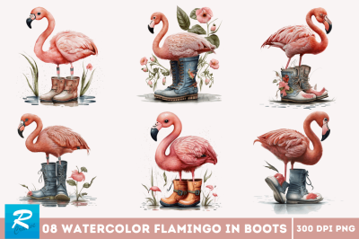Cute Flamingo in Boots Watercolor Bundle