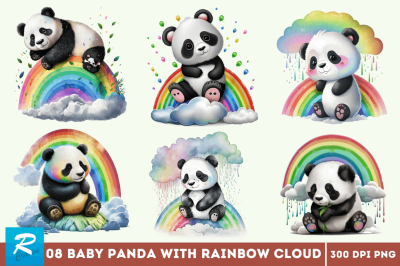 Baby Panda with Rainbow Cloud Clipart Bundle