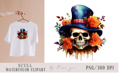 Halloween floral skull with witch hat clipart- 1 png