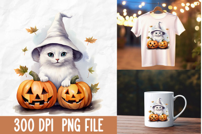 Cute Cartoon White Boo Ghost Cat Pumpkin