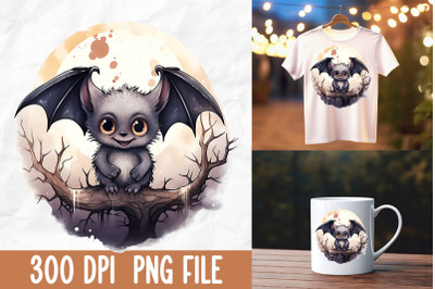 Cute Cartoon Halloween Bat Full Moon