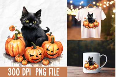 Cute Black Cat Playing Halloween Pumpkin