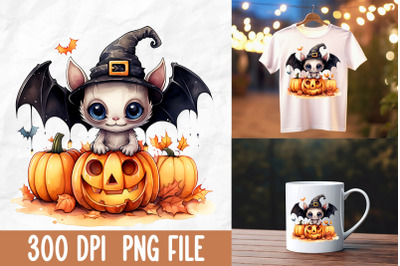 Cute Cartoon White Witch Bat Pumpkin