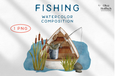 Watercolor Boat Clipart. Fishing on Lake PNG Hand Drawn Illustration