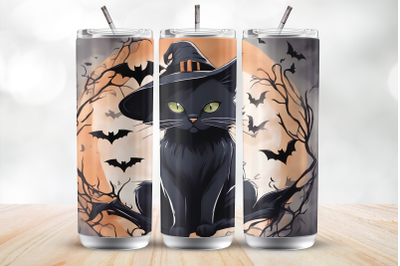 Black Spooky Cat 20 Oz Tumbler Wrap Sublimation Design