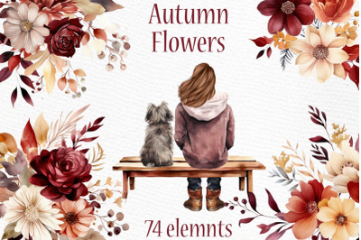 Burgundy Autumn Flowers clipart Girl with dog Terracotta Png