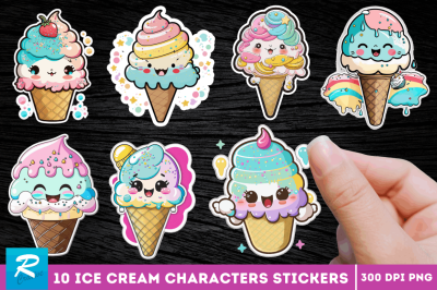 Funny Ice Cream characters with glitter Stickers Bundle