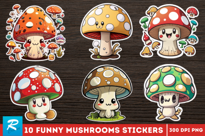 Cartoon funny mushrooms  Printable Stickers Bundle