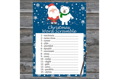 Santa polar bear Christmas card,Christmas Word Scramble Game Printable