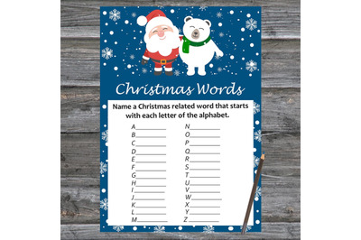 Santa polar bear Christmas card,Christmas Word A-Z Game Printable