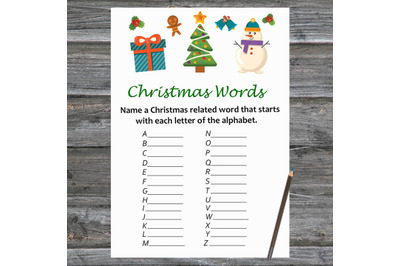 Snowman tree Christmas card,Christmas Word A-Z Game Printable