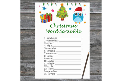 Tree and owl Christmas card,Christmas Word Scramble Game Printable
