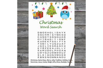 Tree and owl Christmas card,Christmas Word Search Game Printable
