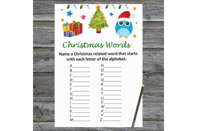 Tree and owl Christmas card,Christmas Word A-Z Game Printable