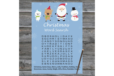 Happy Santa claus Christmas card,Christmas Word Search Game Printable