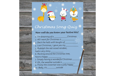 Winter animals Christmas card,Christmas Song Trivia Game Printable