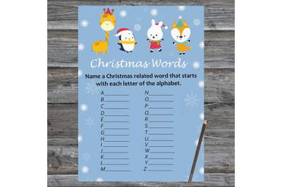 Winter animals Christmas card,Christmas Word A-Z Game Printable