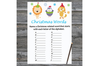 Winter animals Christmas card,Christmas Word A-Z Game Printable