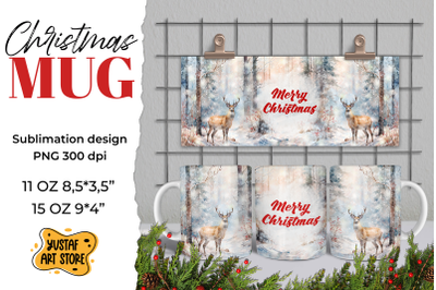 Christmas sublimation mug wrap. Christmas deer in forest PNG