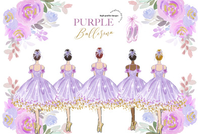 Purple Ballerina Princess Clipart, Purple &amp; Gold Flowers Clipart