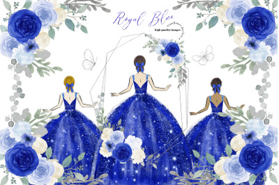 Royal Blue Princess Dresses Clipart, Royal Blue Quinceanera