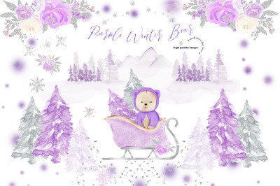 Winter Purple Bear Silver Snowflakes Clipart