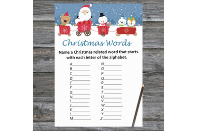 Santa claus train Christmas card,Christmas Word A-Z Game Printable