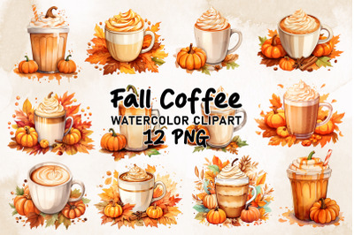 Fall Coffee Watercolor Clipart Bundle