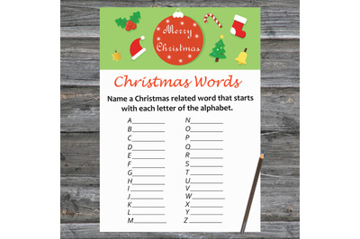 Merry Christmas card,Christmas Word A-Z Game Printable