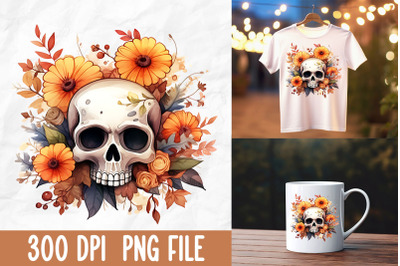 Retro Halloween Fall Autumn Skull Leaves