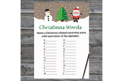Santa Snowman Christmas card,Christmas Word A-Z Game Printable