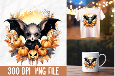 Retro Halloween Pumpkin Bat Leaves