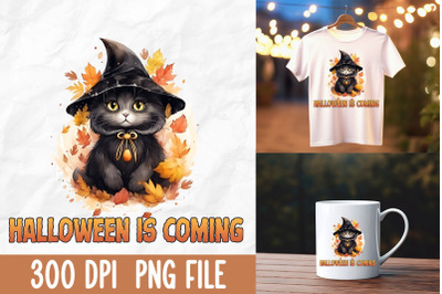 Halloween Is Coming Black Cat Witch Leaf