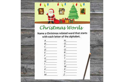 Happy Santa Christmas card,Christmas Word A-Z Game Printable