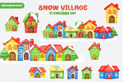Watercolor Christmas Snow Village.
