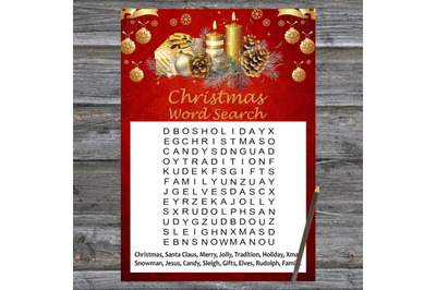 Gold candles Christmas card,Christmas Word Search Game Printable