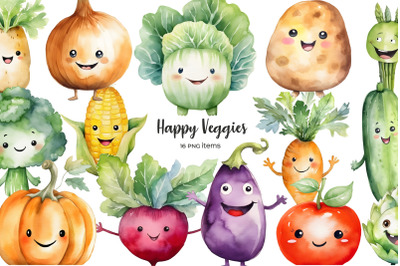 Watercolor Kawaii vegetables. Happy smiling veggies clip art