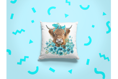 Western Highland Cow With Turquoise Flowers