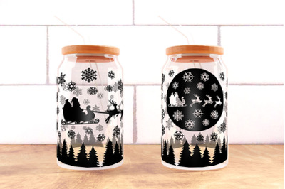 Christmas Night 16oz Glass Can Wrap SVG PNG, Santa Flying Over Forest.