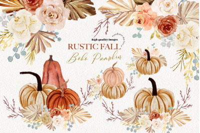 Rustic Fall Pumpkin Pampas Grass Clipart, Little Pumpkin