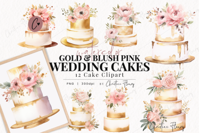 Watercolor Gold Blush Wedding Cakes PNG