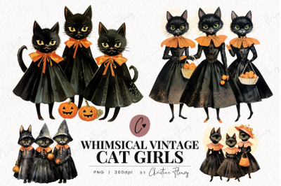 Whimsical Vintage Cat Girls Clipart