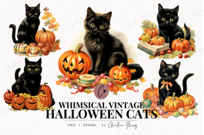 Whimsical Vintage Halloween Cats Clipart