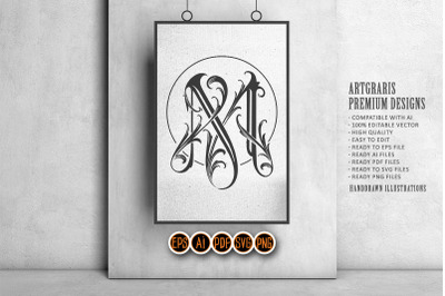 Elegant flourish vintage lettering M monogram logo monochrome