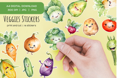 Watercolor kawaii vegetables stickers. Happy veggies 16 sticker.
