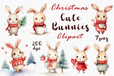 圣诞兔子水彩剪贴画