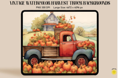 Watercolor Vintage Red Truck In Harvest