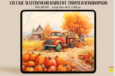 Watercolor Harvest Scene With Red Truck