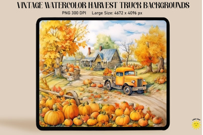 Watercolor Harvest Scene With Red Truck