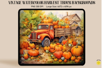 Watercolor Harvest Scene With Red Truck